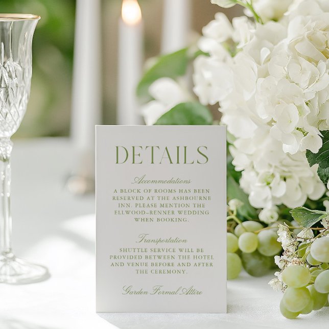 Information om enkel Grönt och Beige Bröllop Tilläggskort (Simple Sage Green & Beige Wedding Details Enclosure Card)