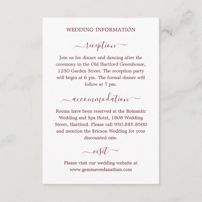 Information om enkel modern kalligrafi Burgundy Br Tilläggskort (Framsida)