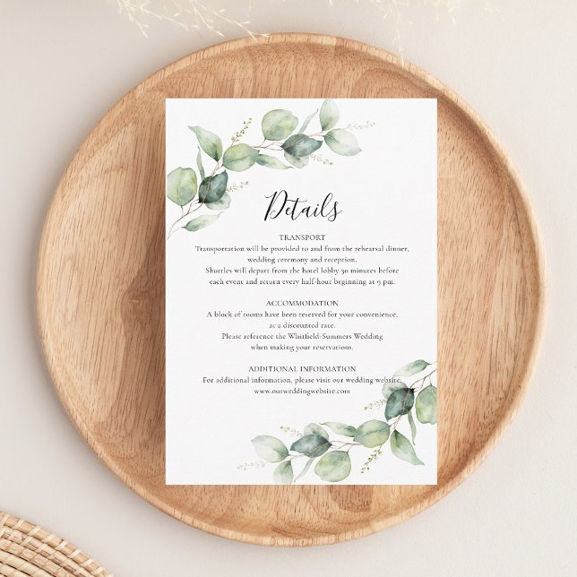 Information om Eucalyptus Greenery Script Bröllop Tilläggskort (Eucalyptus Greenery Modern Wedding Details Enclosure Card)