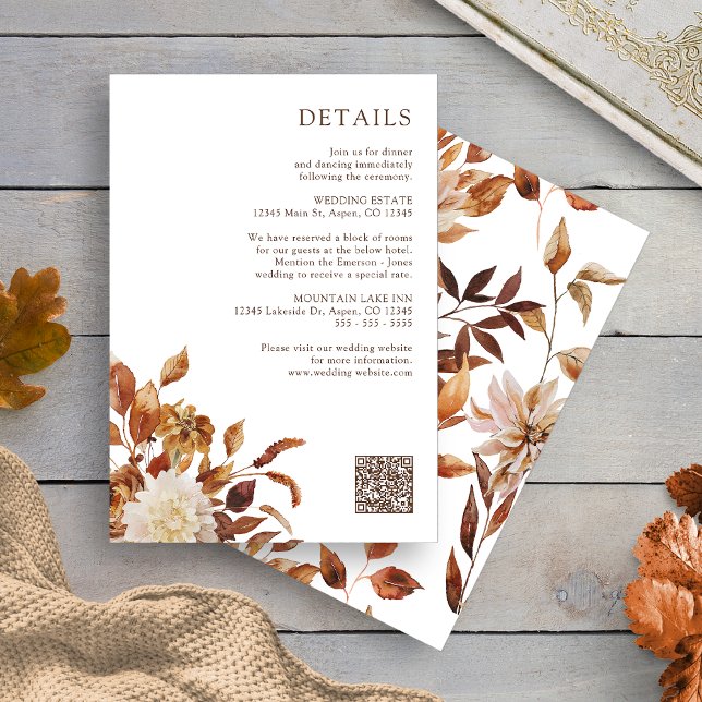 Information om Fall Blommigt Tilläggskort (White Fall Terracotta Floral Details Enclosure Card QR Code by Painted Paperie
)