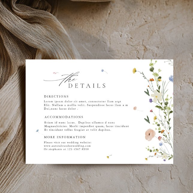 Information om färgämnet Vår Wildblomme Meadow Brö Tilläggskort (Colorful Spring Wildflower Meadow Wedding Details Enclosure Card)