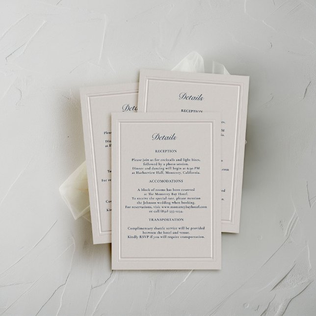 Information om Faux Embossed Dubbla Ram Formal Brö Tilläggskort (coastal wedding details card faux embossed double frame modern classic elegant formal nautical)