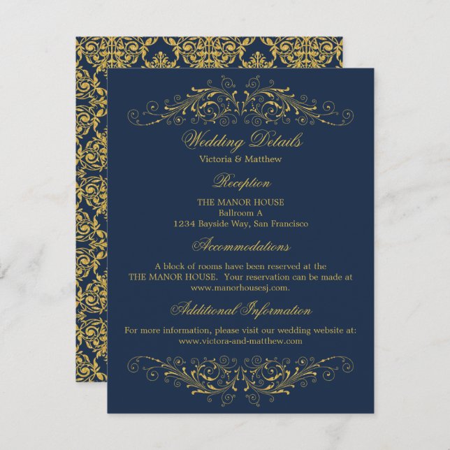 Information om Faux Guld Flourish Damask Navy Bröl Inbjudningar (Fram/baksida)