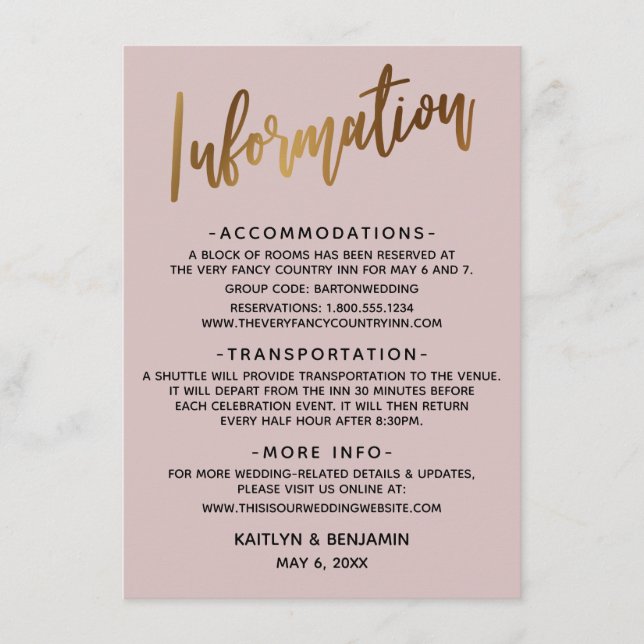 Information om Faux Guld Header Dusty Ro Bröllop Tilläggskort (Framsida)