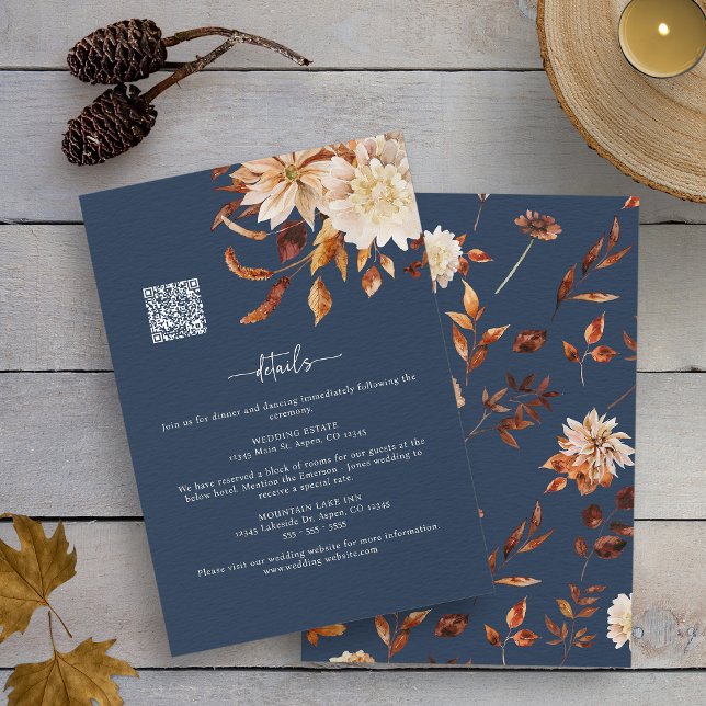 Information om flottflöde tilläggskort (Watercolor Navy Blue Autumn Floral Details Enclosure Card with QR Code by Painted Paperie
)