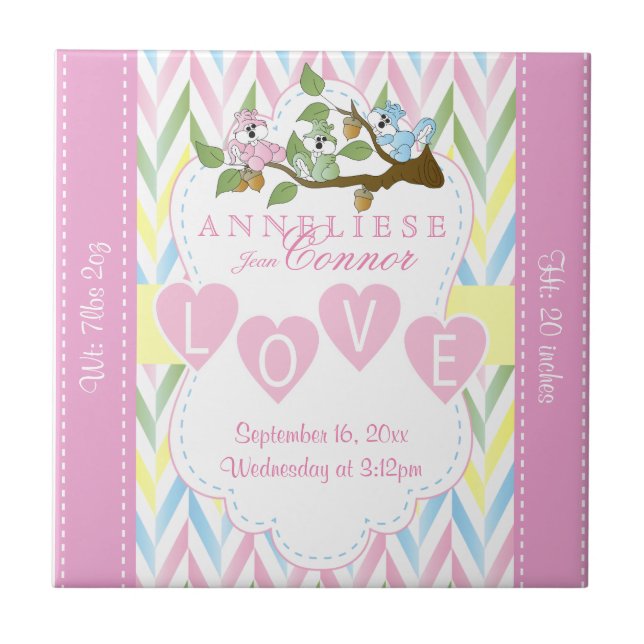 Information om födseln - Pastel Baby-ekorrar Kakelplatta (Framsidan)