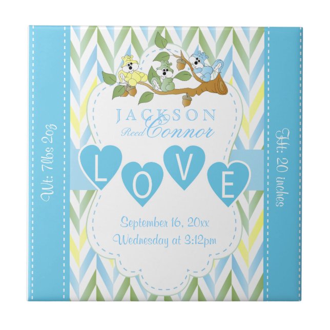 Information om födseln - Pastel Blue Baby-ekorrar Kakelplatta (Framsidan)