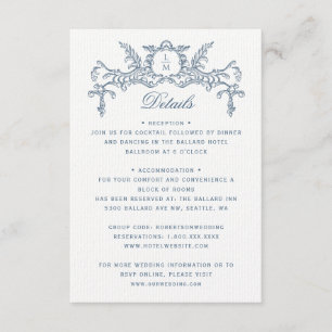 Information om fransk Blue Ornate Baroque Bröllop Tilläggskort