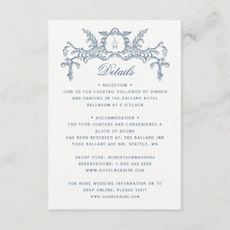Information om fransk Blue Ornate Baroque Bröllop Tilläggskort