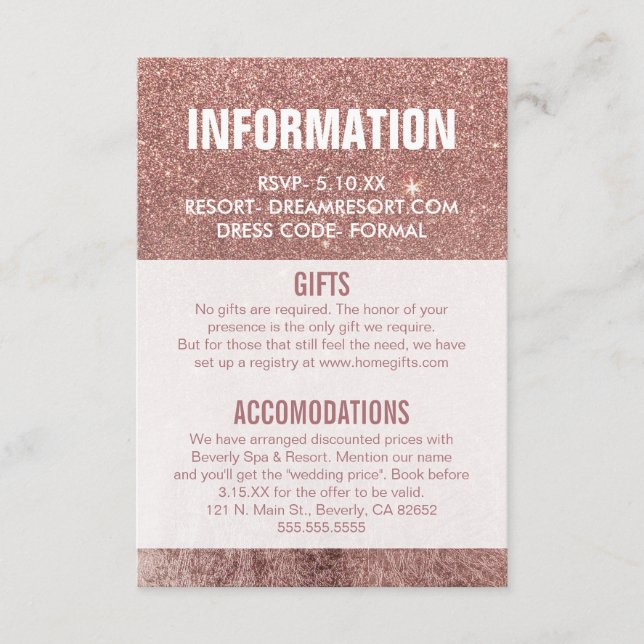 Information om Girly Modern Ro Guld Glitter Bröllo Tilläggskort (Framsida)