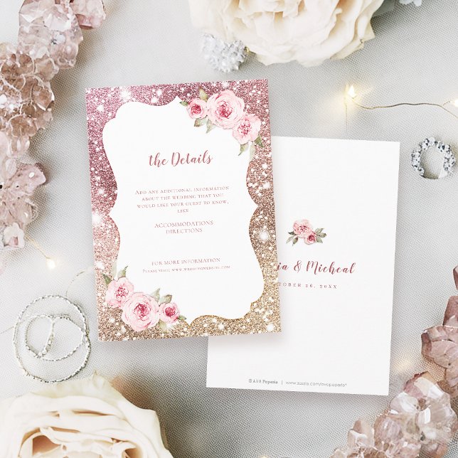 Information om gnistra ro guld glitter blommigt  B Tilläggskort (Sparkle rose gold glitter floral Wedding Details Enclosure Card)