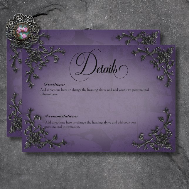 Information om Gotham Black & Lila Filigree Heart Tilläggskort (Gothic Black & Purple Filigree Heart Details Enclosure Card)