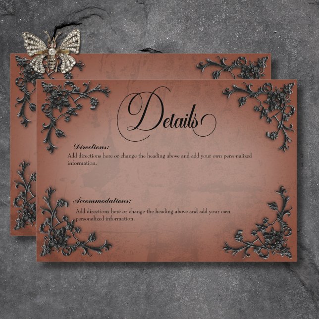 Information om Gotham Black & Rust Filigree Heart Tilläggskort (Gothic Black & Rust Filigree Heart Details Enclosure Card)