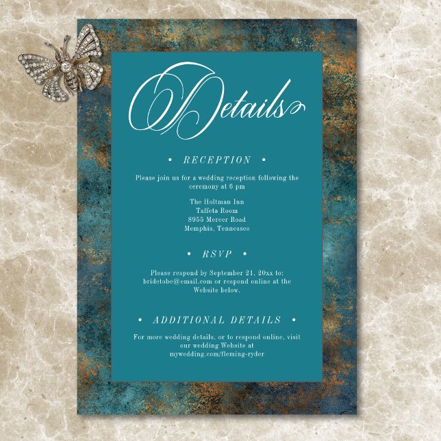 Information om Gothic Antique Teal Guld Damask Wed Tilläggskort (Gothic Antique Teal Gold Damask Wedding Details Enclosure Card)