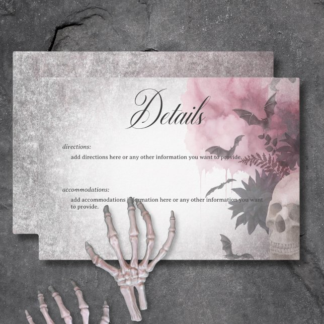 Information om Gothic Black & Burgundy Skull & Spi Tilläggskort (Gothic Black & Burgundy Skull & Bats Wedding Details Card)