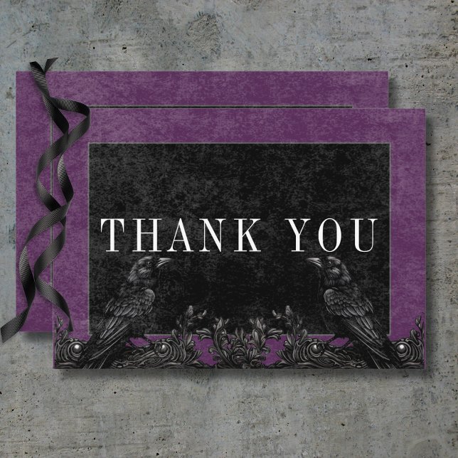 Information om Gothic Black Raven & Black Ro Lila Tack Kort (Gothic Black Raven & Black Roses Purple Details Thank You Card)