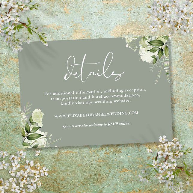 Information om Greenery Blommigt Elegant Sage Grön Tilläggskort (Greenery Floral Elegant Sage Green Wedding Details Enclosure Card)