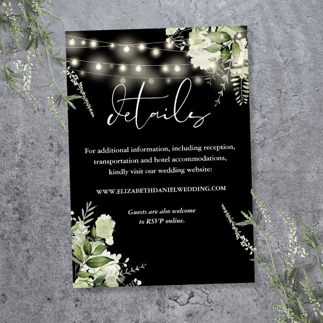 Information om Greenery Blommigt String Ljus Bröll Tilläggskort (Greenery Floral String Lights Wedding Details Enclosure Card)