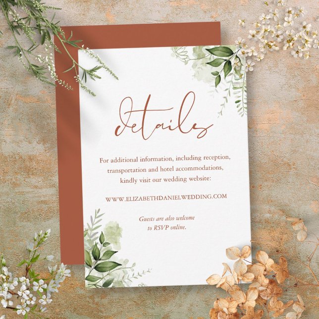 Information om Greenery Blommigt Terracotta Script Tilläggskort (Greenery Floral Terracotta Script Wedding Details Enclosure Card)