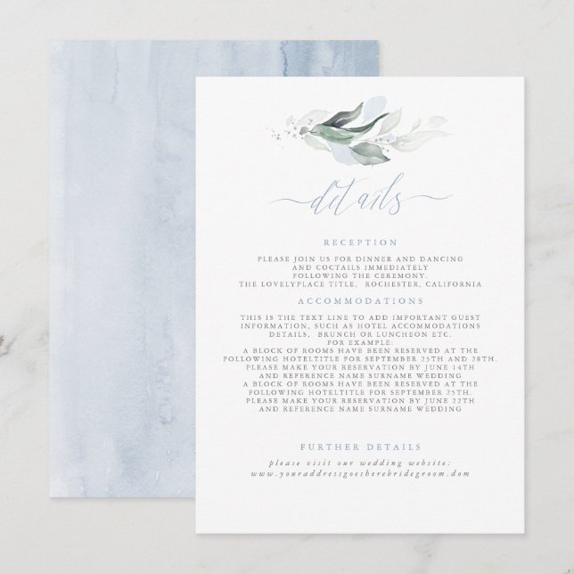 Information om Greenery Elegant Dusty Blue Bröllop Tilläggskort (Fram/baksida)
