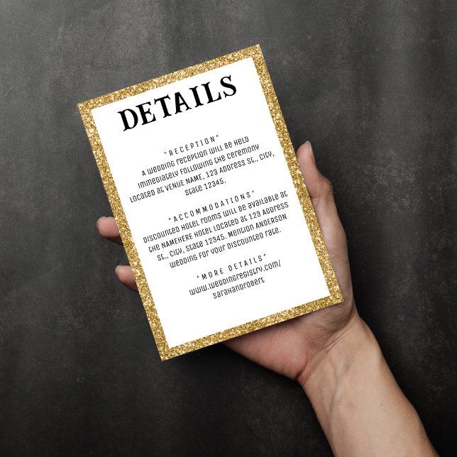 Information om guld Glitter Gräns och vit Bröllop Tilläggskort (Gold Glitter Border & White Wedding Details Enclosure Card
)