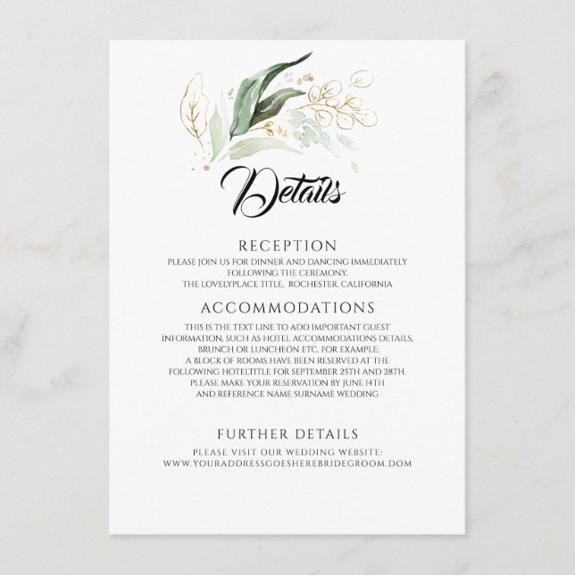 Information om guld Löv & Eucalyptus Greenery Bröl Tilläggskort (Framsida)