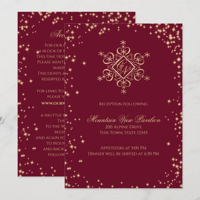 Information om guld och Burgundy Winter Snöflingor Inbjudningar (Fram/baksida)