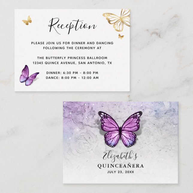 Information om guld och Light Lila Butterfly Tilläggskort (Fram/baksida)