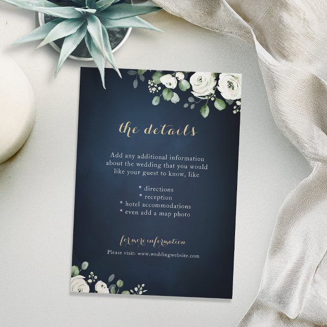 Information om Guld skript, marin vit blommigt brö Tilläggskort (Gold script navy white floral wedding details enclosure card)
