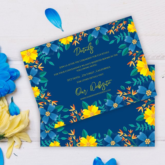 Information om gult Blue Blommigt Elegant bröllop Tilläggskort (Yellow Blue Floral Elegant Wedding Details Enclosure Card)