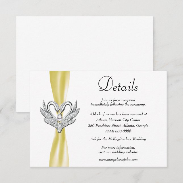 Information om gult Ribbon Silver Svanar Bröllop Tilläggskort (Fram/baksida)