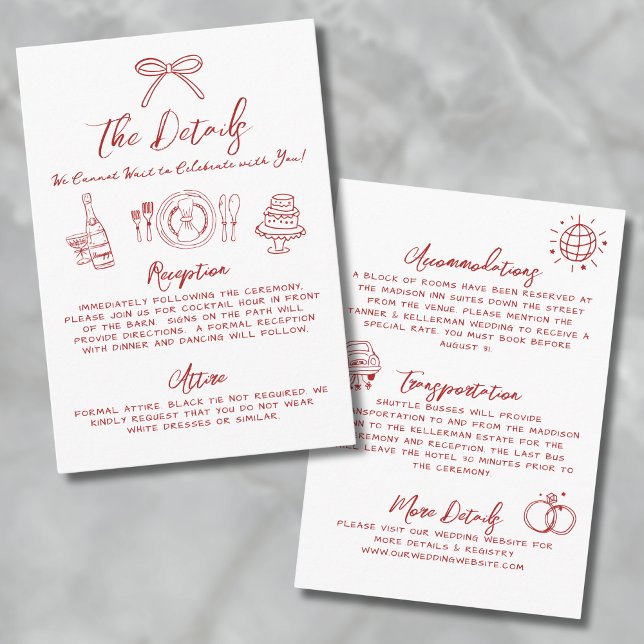Information om hand plockade Quirky Red Whimsical  Tilläggskort (Hand Drawn Quirky Red Whimsical Wedding Details Enclosure Card)