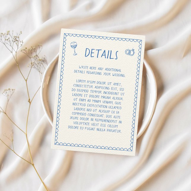 Information om Hand plockade Retro Sketch Blue Brö Tilläggskort (Wedding Details Hand-illustrated, hand-written card)
