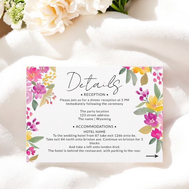 Information om handmålad Vår Blommigt Bröllop Tilläggskort (Hand-Painted Spring Floral Wedding Details Enclosure Card)