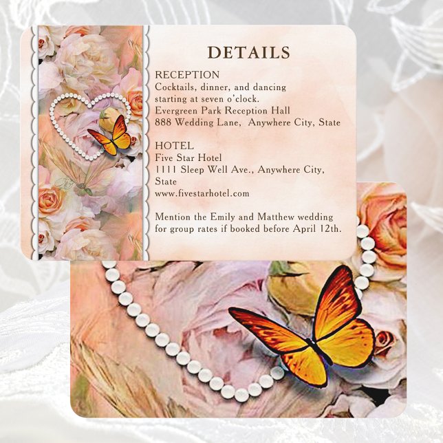 Information om Heart Blommigt Ro Butterfly Bröllop Tilläggskort (Heart Floral Rose Butterfly Wedding Guest Details Enclosure Card)