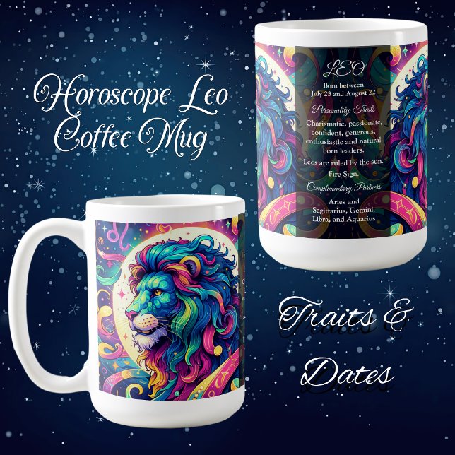 Information om Horoscope-tecken Leo | Färgbeständi Kaffemugg (Skapare uppladdad)