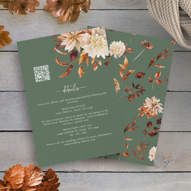 Information om höstskiva - Grönt - fel Tilläggskort (Autumn Sage Green Fall Floral QR Code Details Enclosure Card by Painted Paperie
)