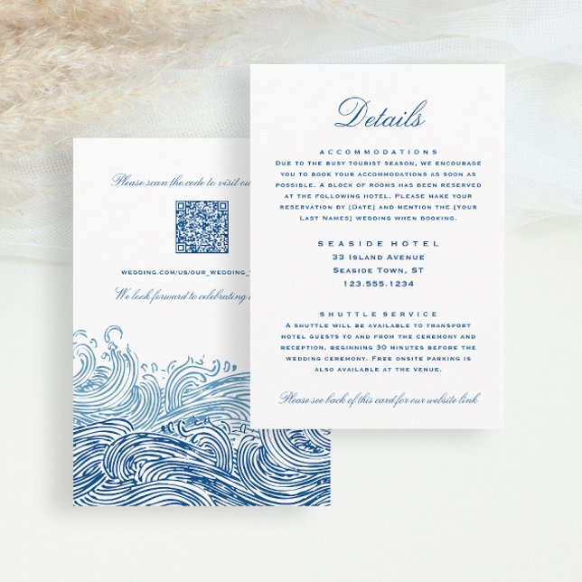 Information om Hotel Info QR-kod för Blue Vågar Br Tilläggskort (Blue Nautical Waves wedding details hotel information insert card from Concertina Press)