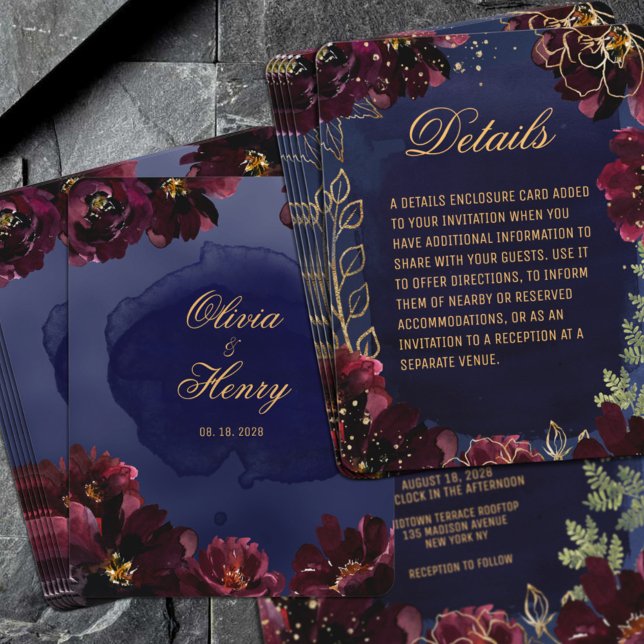 Information om inbjudningar till borgmästare i mar (Navy Bordeaux Wedding Invitation Details Enclosure Card featuring Navy & Burgundy Florals with Gold)