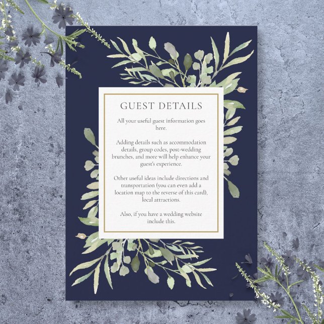 Information om inkvartering i Bröllop i Blue Green Tilläggskort (Navy Blue Greenery Wedding Accommodation Details Enclosure Card)