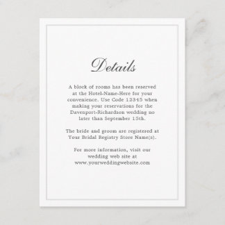 Information om klassisk enkel Elegant bröllop Tilläggskort