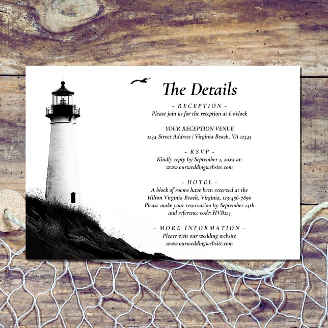 Information om kustbeach Nautical Lighthouse Bröll Tilläggskort (Front - Coastal Beach Nautical Lighthouse Wedding Details Enclosure Card)