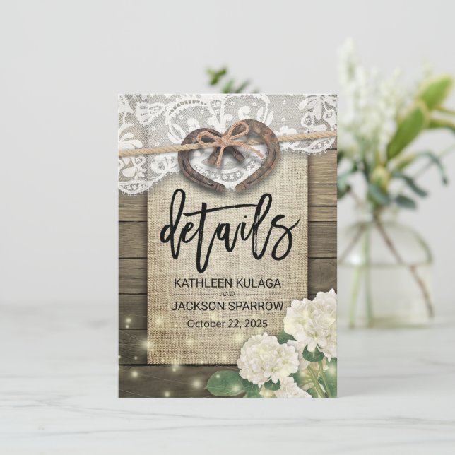 Information om Landsbyggsbröllopet för hästseshoe  Tilläggskort (Stående Fram)