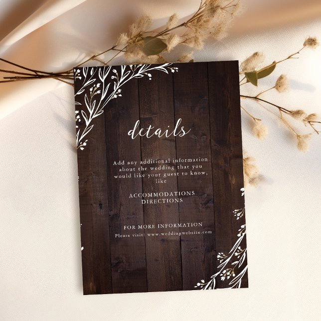 Information om Landsbyggsbröllopet för Rustic Wood Tilläggskort (Rustic Wood Boho Floral Country Wedding Details Enclosure Card)
