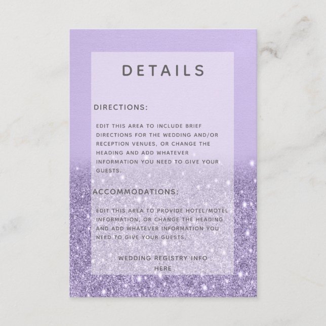 Information om Lavender Glitter Modern Bröllop Tilläggskort (Framsida)