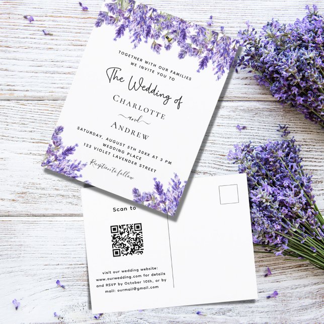 Information om Lavender violetta blommigtar QR OSA Inbjudan Vykort (Skapare uppladdad)
