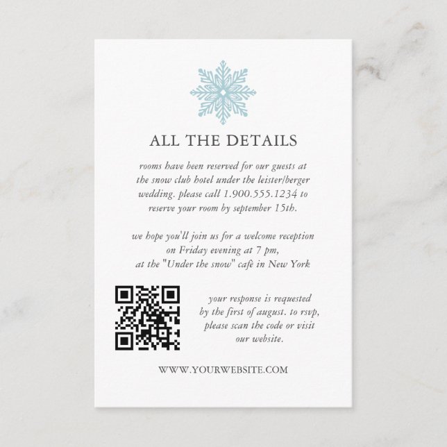 Information om Light Blue Snowflake Winter WEDDING Tilläggskort (Framsida)