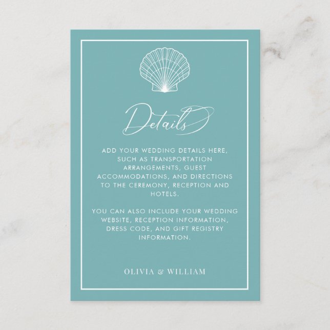 Information om Light Teal Blue Seashell Beach Wedd Tilläggskort (Framsida)