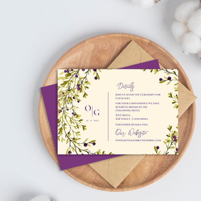 Information om lila Berry Rustic Greenery Bröllop Tilläggskort (Purple Berry Rustic Greenery Wedding Details Enclosure Card)