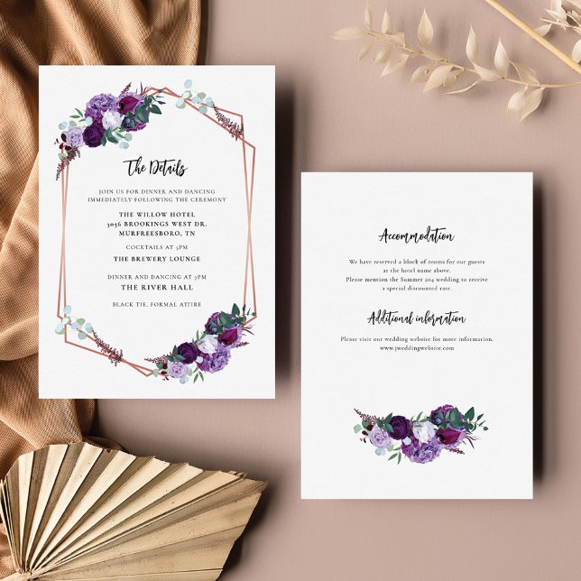 Information om lila Blommigt Bröllop Tilläggskort (Purple Floral Wedding Details Card)